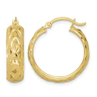 A pair of gold hoop earrings with textured surfaces and geometric diamond-shaped cutout designs, shown from front and side views.