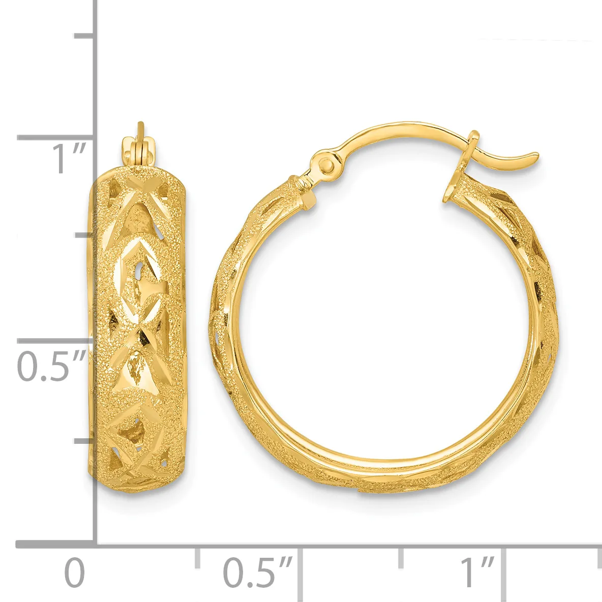 Pair of gold hoop earrings with textured surface and diamond-cut pattern, shown next to a ruler measuring approximately one inch in length.