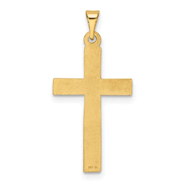 A polished gold cross pendant with a rectangular shape and rounded ends, shown hanging from a bail against a white background.