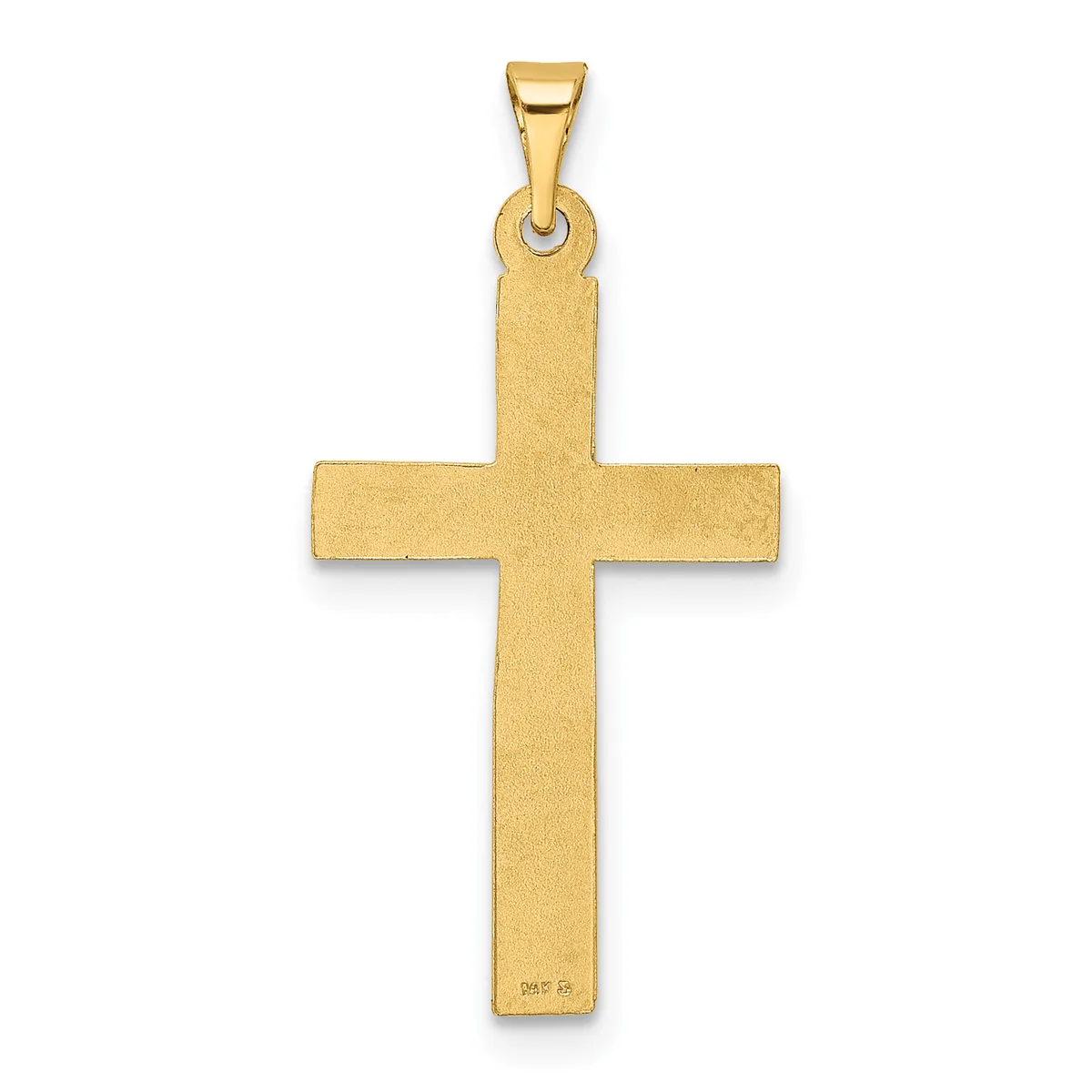 A polished gold cross pendant with a rectangular shape and rounded ends, shown hanging from a bail against a white background.