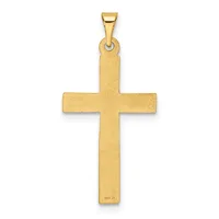 A polished gold cross pendant with a rectangular shape and rounded ends, shown hanging from a bail against a white background.