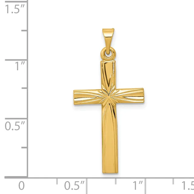 Gold cross pendant with a sunburst pattern in the center, shown next to a ruler indicating it measures approximately 1.25 inches tall and 0.75 inches wide.