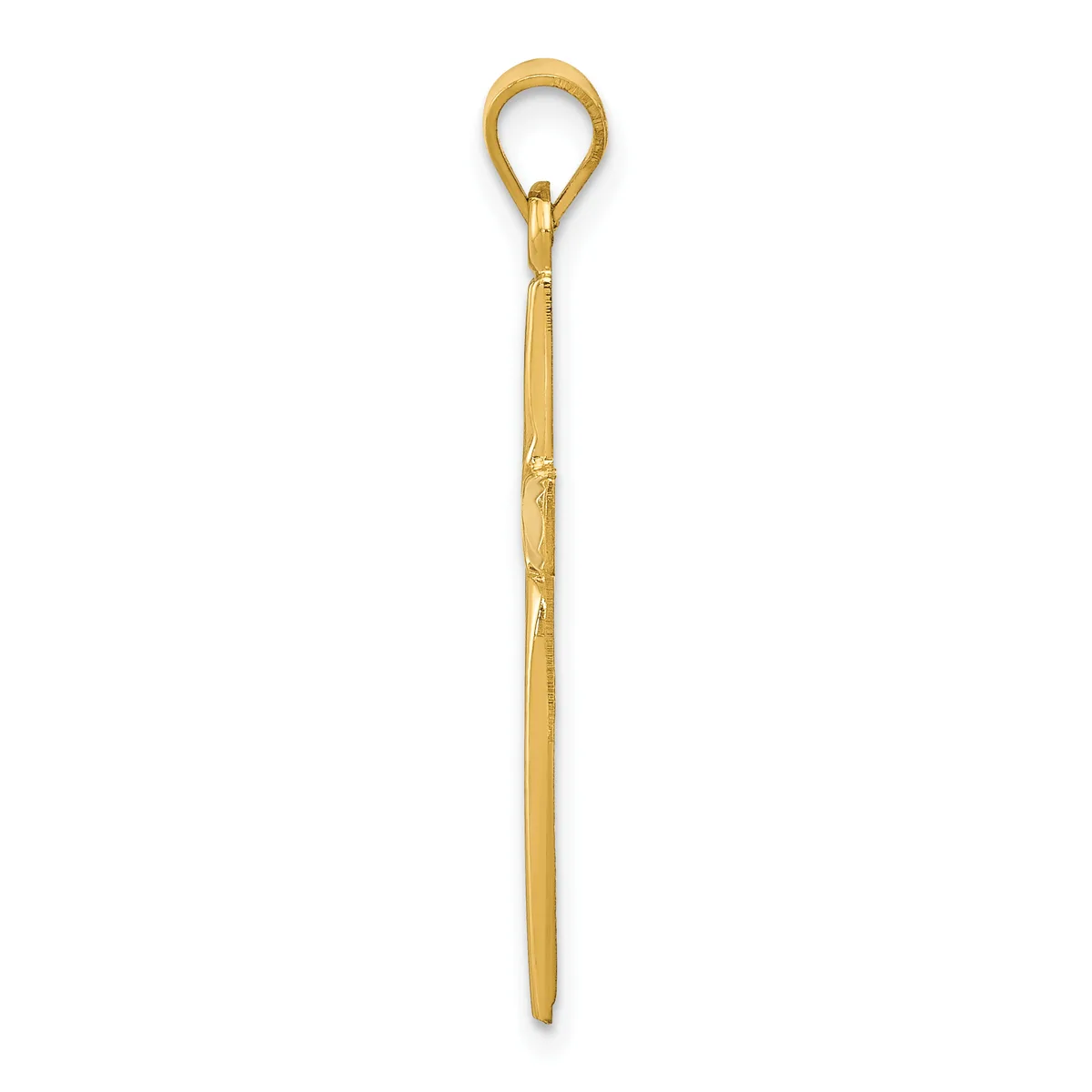 A long, slender gold hook with a loop at the top and decorative ridged detailing along the shaft, shown vertically against a white background.