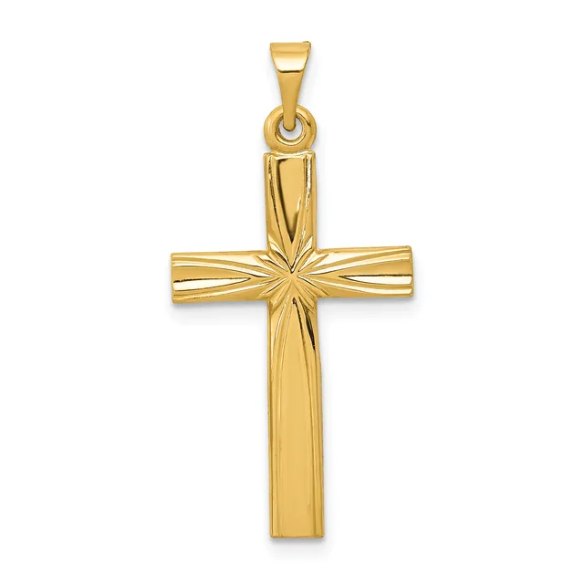 A gold cross pendant with a polished finish and textured center intersection, displayed against a white background.