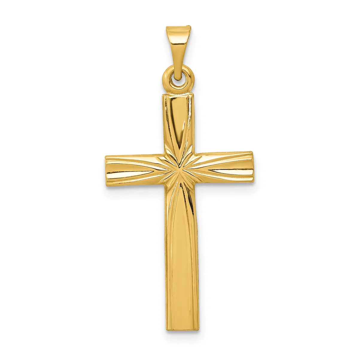 A gold cross pendant with a polished finish and textured center intersection, displayed against a white background.