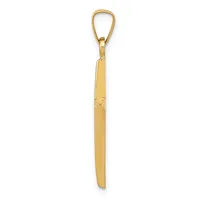 A long, narrow gold pendant with a teardrop-shaped loop at the top and a small stamped hallmark on its face, shown hanging against a white background.