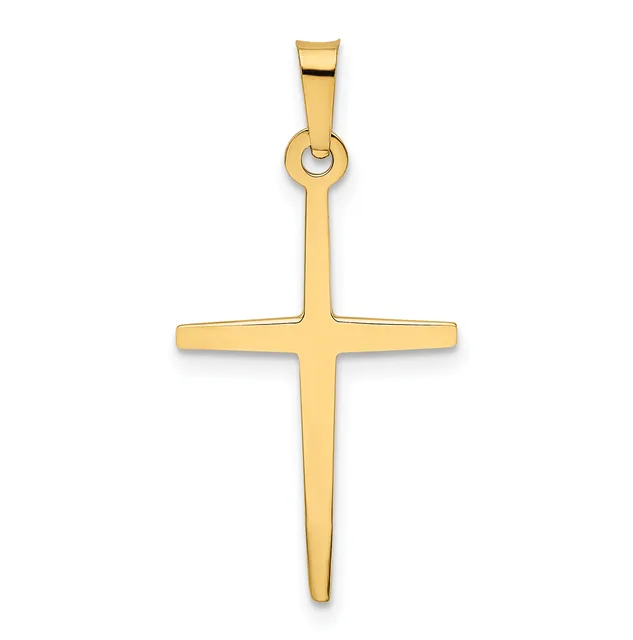 A polished gold cross pendant with a pointed bottom and rounded horizontal arm, suspended from a small bail loop at the top.