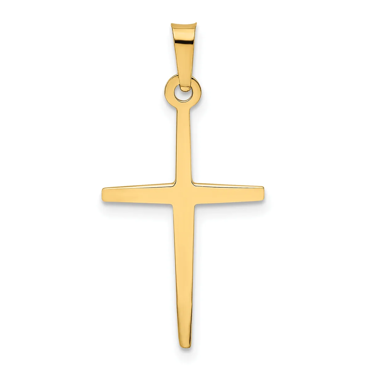 A polished gold cross pendant with a pointed bottom and rounded horizontal arm, suspended from a small bail loop at the top.