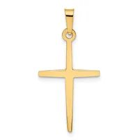 A polished gold cross pendant with a pointed bottom and rounded horizontal arm, suspended from a small bail loop at the top.