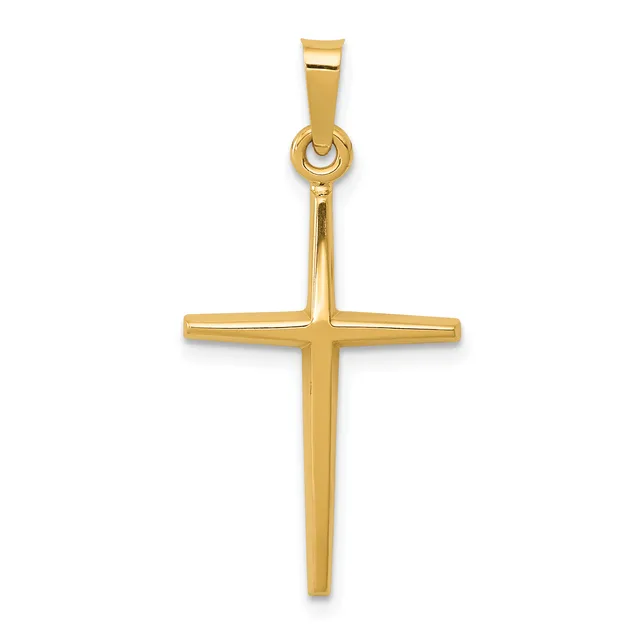A polished gold cross pendant with a rectangular bail at the top, shown against a white background.