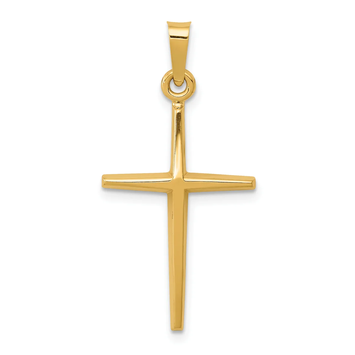 A polished gold cross pendant with a rectangular bail at the top, shown against a white background.