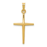 A polished gold cross pendant with a rectangular bail at the top, shown against a white background.