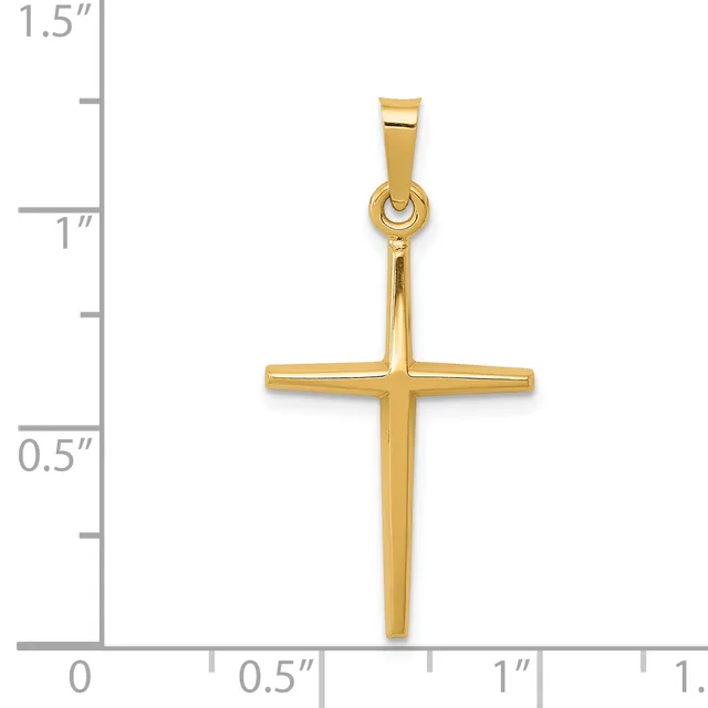 A polished gold cross pendant displayed against a ruler showing it measures approximately 1.25 inches tall and 0.75 inches wide.