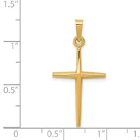 A polished gold cross pendant displayed against a ruler showing it measures approximately 1.25 inches tall and 0.75 inches wide.