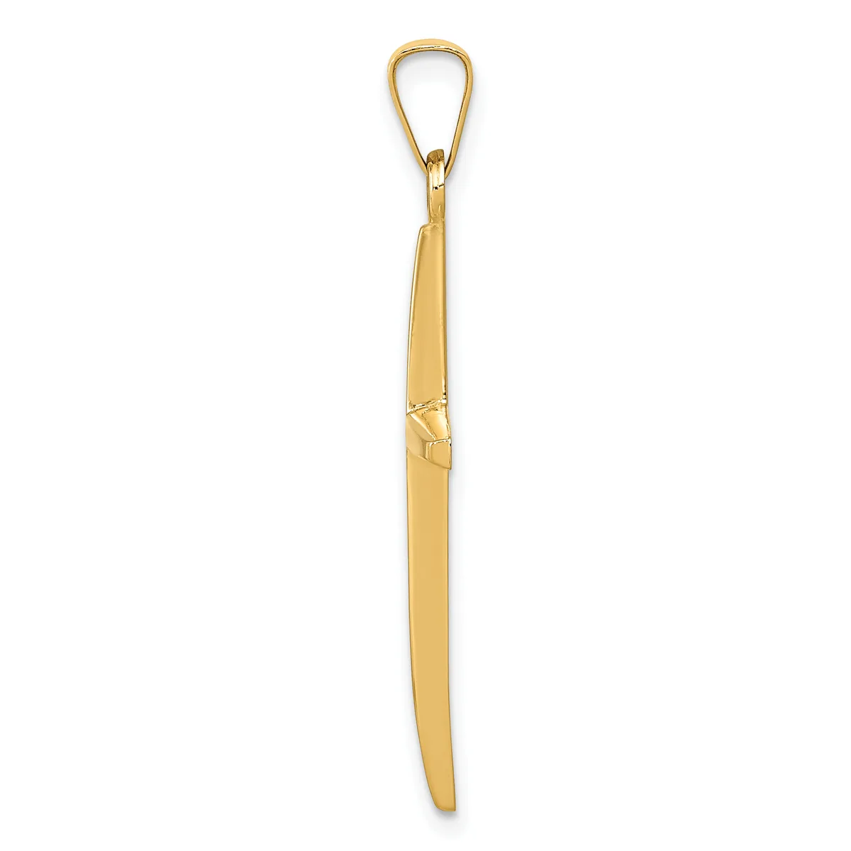A long gold pendant with a teardrop-shaped loop at the top and a tapered rectangular body, shown hanging against a white background.