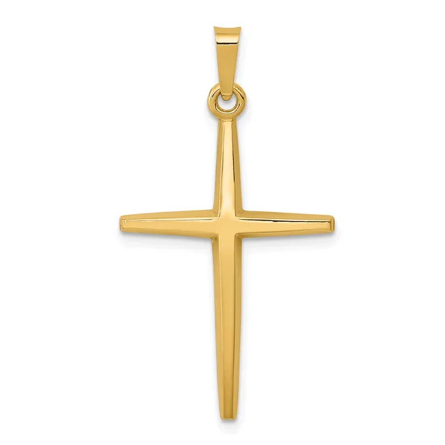 A gold cross pendant with a polished finish and tapered arms, suspended from a rectangular bail loop at the top.