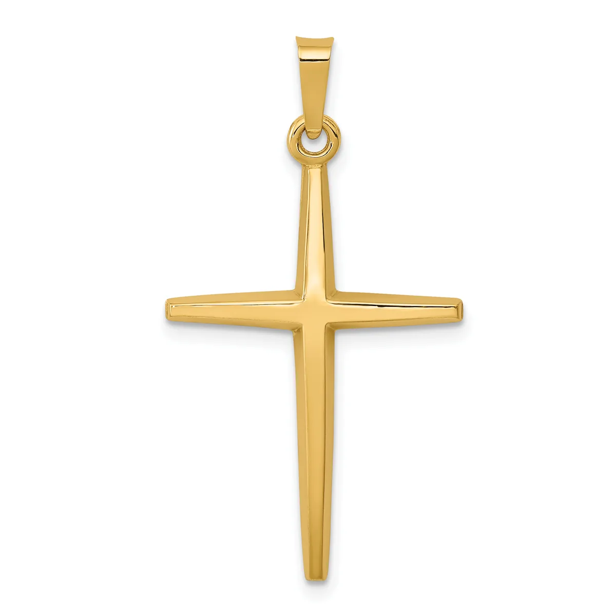 A gold cross pendant with a polished finish and tapered arms, suspended from a rectangular bail loop at the top.