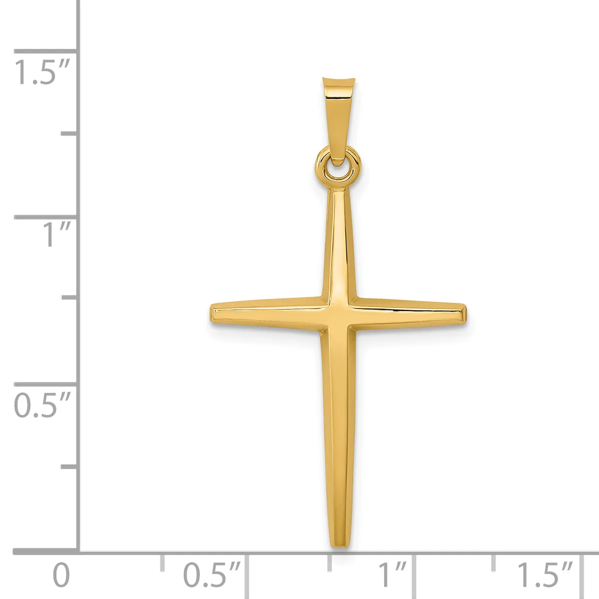 A polished gold cross pendant shown next to a ruler indicating the pendant is approximately one inch wide and one and one-half inches tall including the bail.