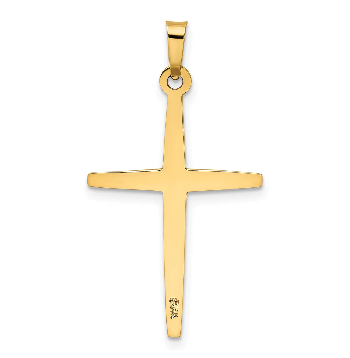 A polished gold cross pendant with a rectangular bail loop at the top and a small hallmark stamped near the bottom.