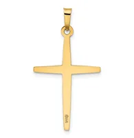A polished gold cross pendant with a rectangular bail loop at the top and a small hallmark stamped near the bottom.