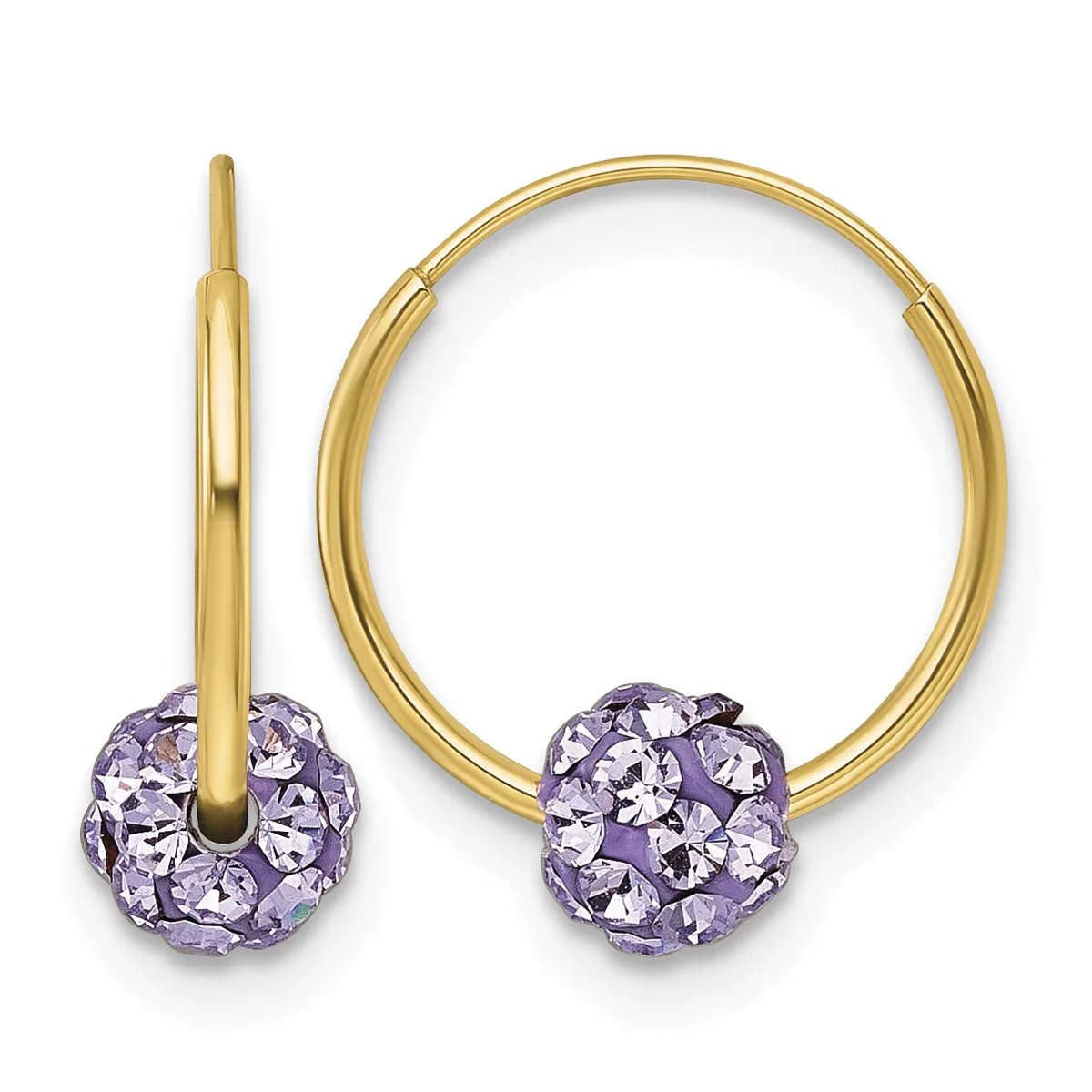 Pair of gold hoop earrings with purple crystal ball charms hanging from thin posts.