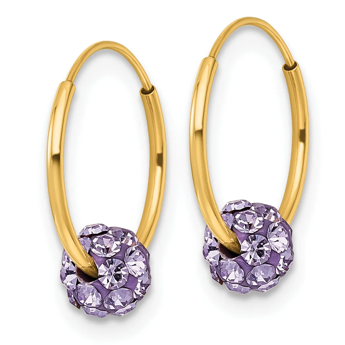 Pair of gold hoop earrings with purple crystal ball charms hanging from the bottom.