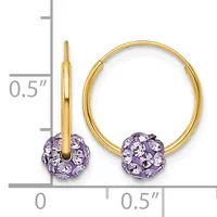 Gold hoop earrings with purple crystal-studded spheres, shown on a measurement scale indicating 0.5 inch diameter.