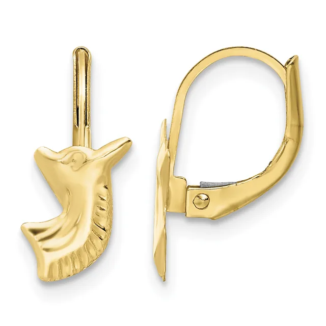 Pair of gold dolphin-shaped earrings with leverback closures, shown from front and side views.