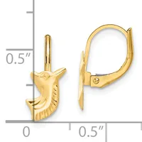 Pair of gold dolphin-shaped lever-back earrings shown against a measurement scale indicating approximately 0.5 inches in length.