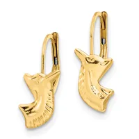A pair of gold leverback earrings shaped like stylized shark heads with textured details and polished finishes.