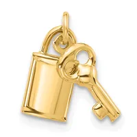 Gold charm pendant consisting of a rectangular lock and an ornate key attached by a loop, displayed against a white background.