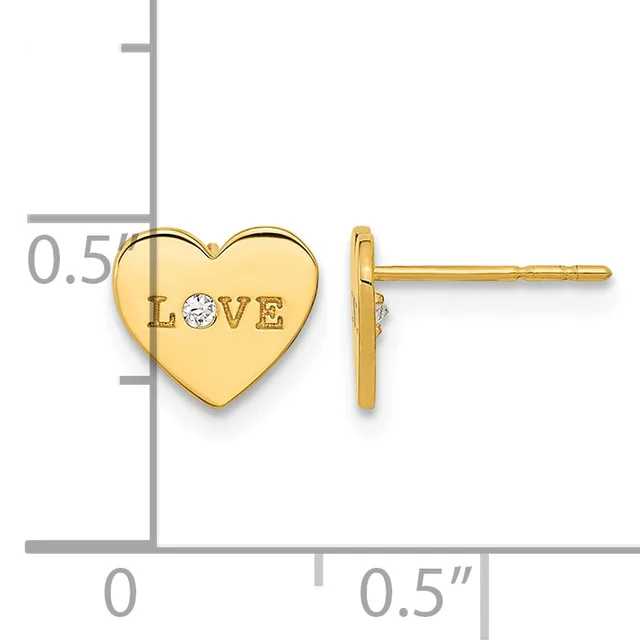 Gold heart-shaped stud earrings engraved with "LOVE" and a diamond accent, shown with a measurement scale indicating approximately 0.5 inches in height.
