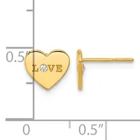 Gold heart-shaped stud earrings engraved with "LOVE" and a diamond accent, shown with a measurement scale indicating approximately 0.5 inches in height.