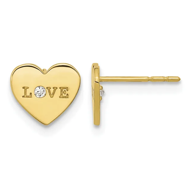 Pair of gold heart-shaped stud earrings with "LOVE" engraved on the front and a small diamond accent, shown from front and side views.