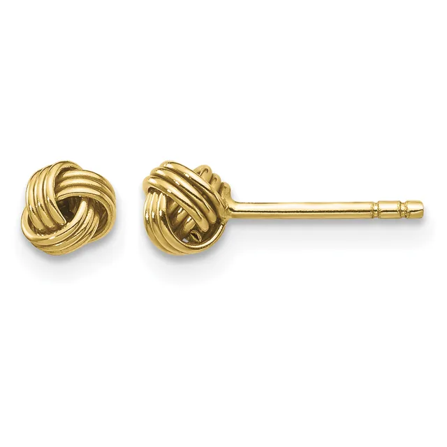 A pair of gold love knot stud earrings with textured twisted surfaces and post backs displayed against a white background.
