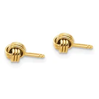 Pair of gold-toned stud earrings with polished knot-shaped fronts and post backs, displayed against a white background.