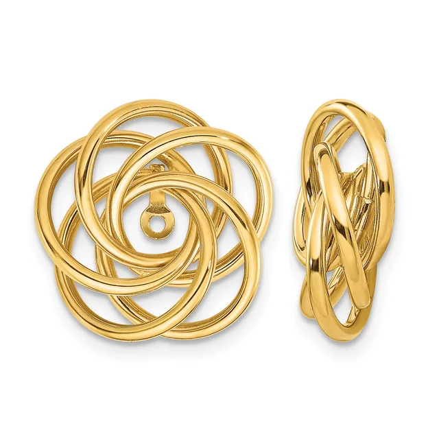 Pair of gold twisted knot earrings shown from front and side views, featuring interlocking curved bands with a polished finish.