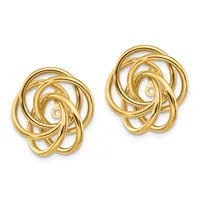 A pair of gold twisted knot stud earrings with interlocking loops, shown from the front against a white background.