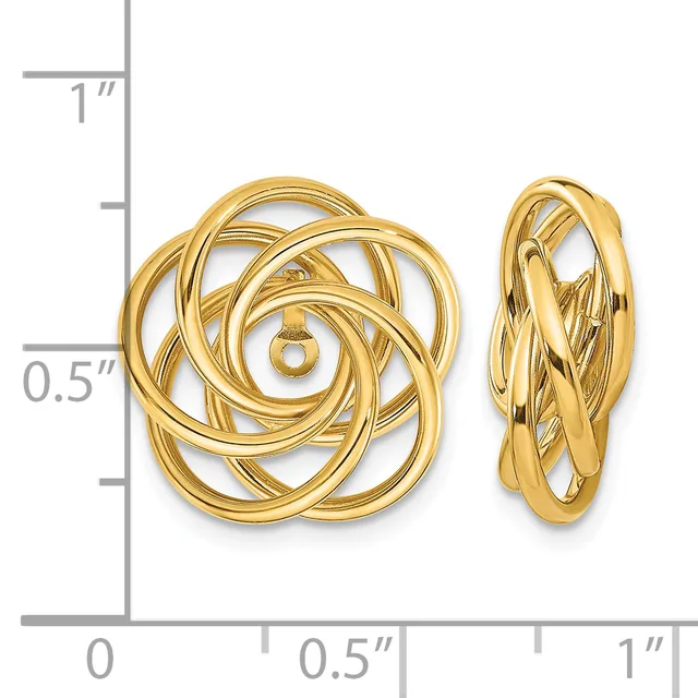 Gold knot-style earrings shown from front and side views next to a measurement ruler indicating approximately three-quarter inch diameter.