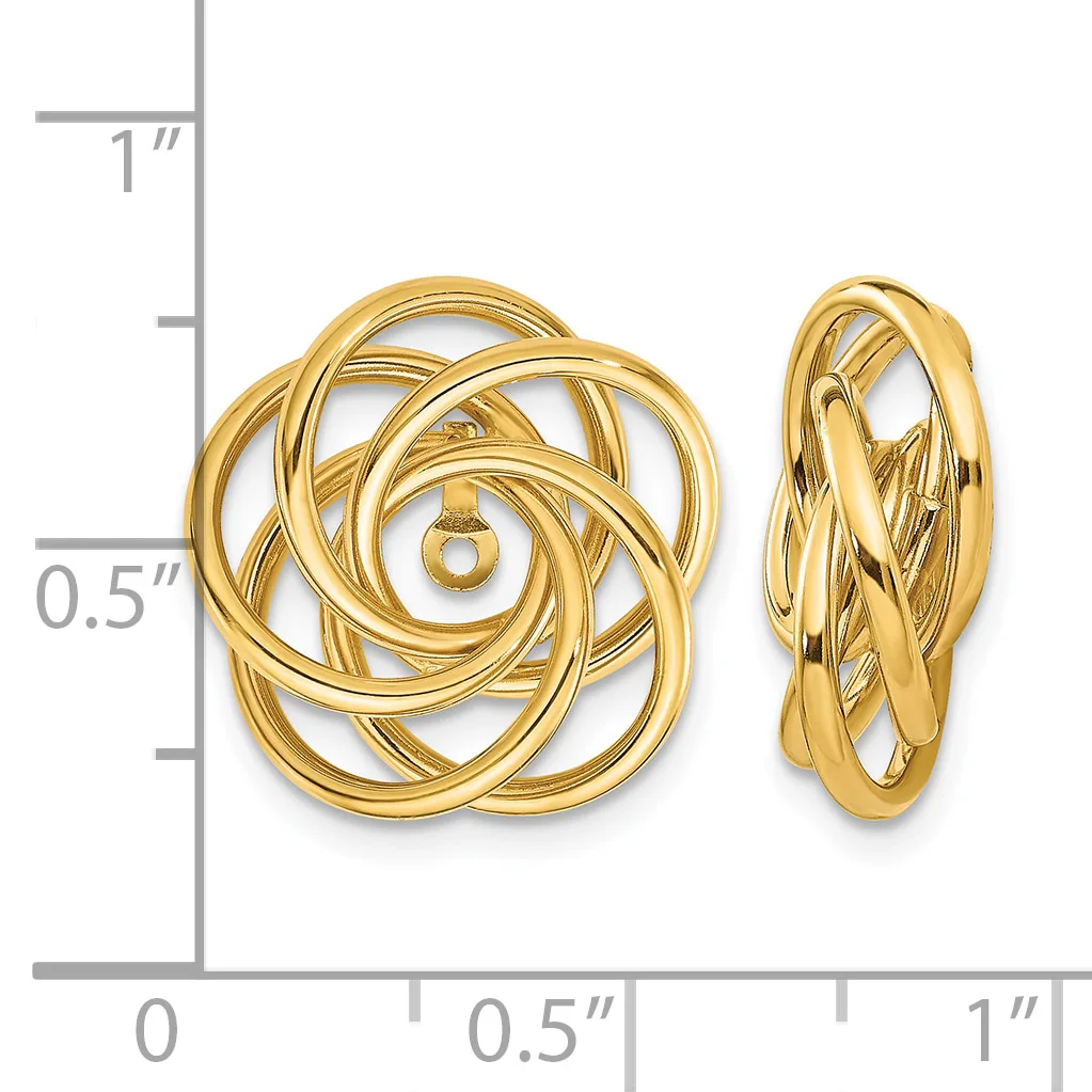 Gold knot-style earrings shown from front and side views next to a measurement ruler indicating approximately three-quarter inch diameter.