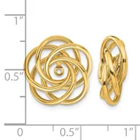 Gold knot-style earrings shown from front and side views next to a measurement ruler indicating approximately three-quarter inch diameter.