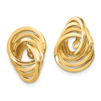 A pair of gold teardrop-shaped earrings with multiple concentric curved bands creating a layered, dimensional design.
