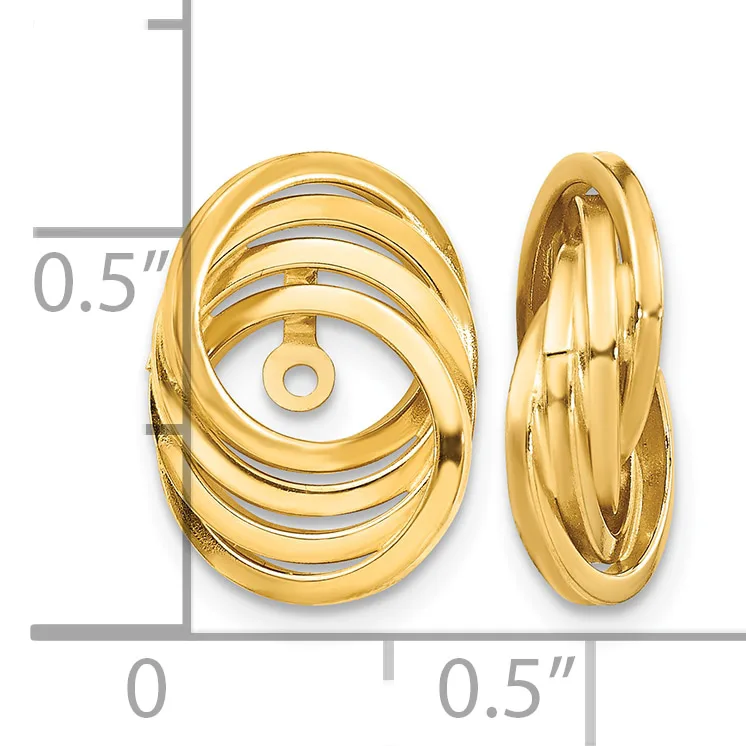Two gold oval earrings with multiple curved bands shown front and side view against a measurement scale.