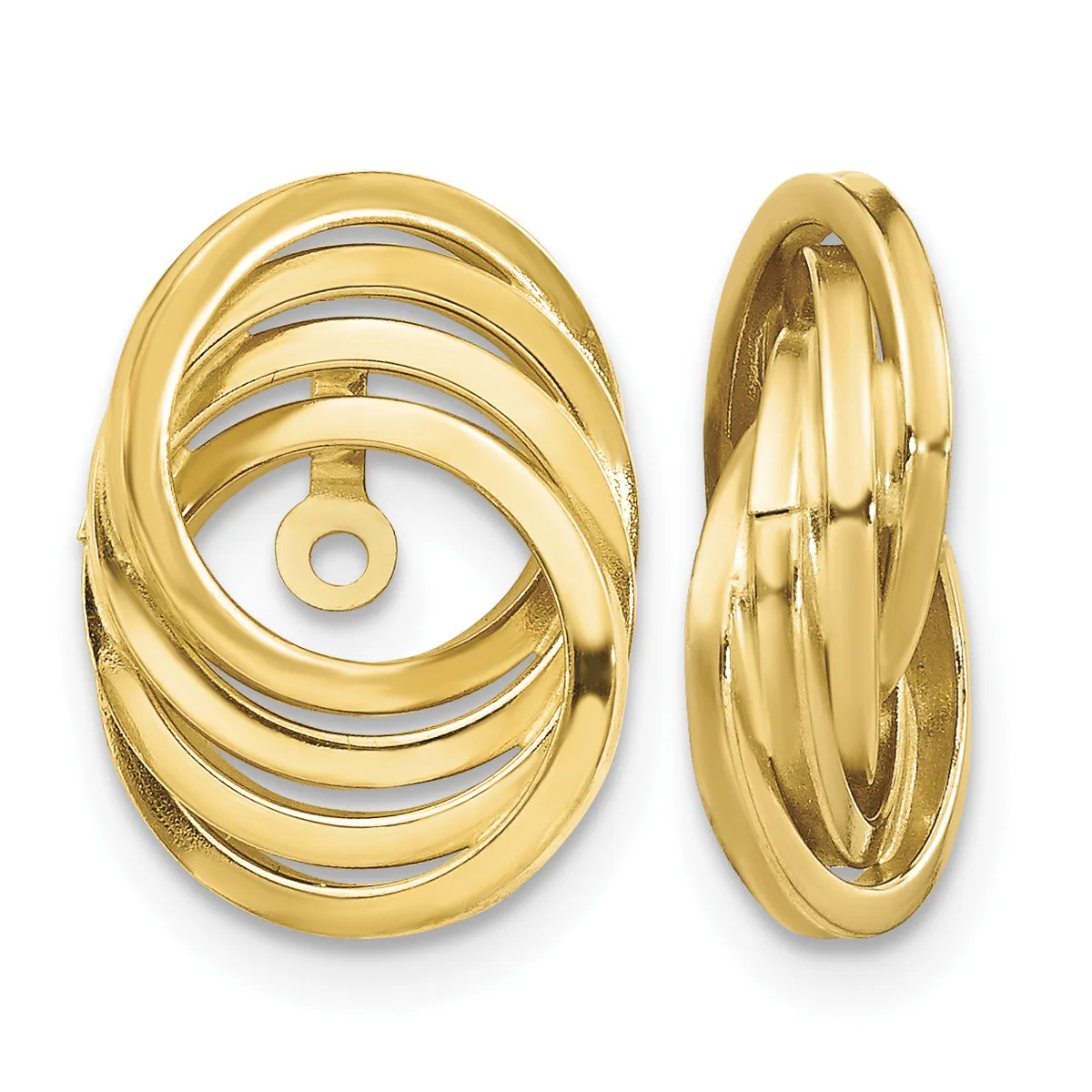 Pair of gold interlocking hoop earrings shown from front and side views, featuring nested curved bands with a polished finish.