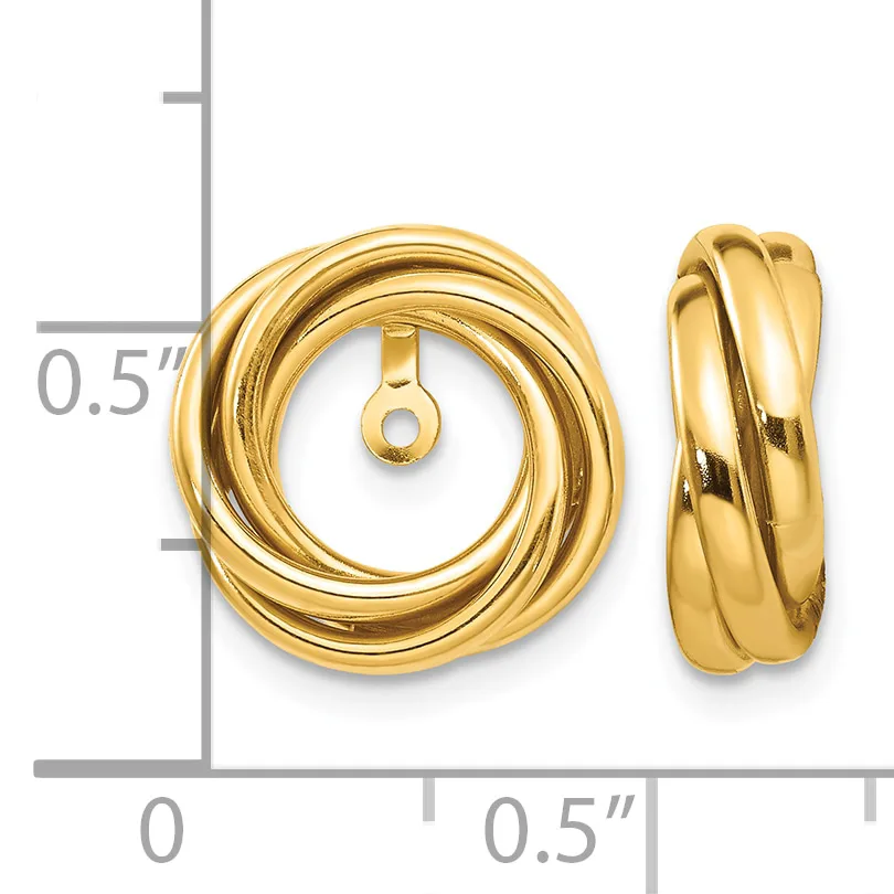 Two gold-toned twisted hoop earrings displayed next to a ruler showing they measure approximately 0.5 inches in diameter.