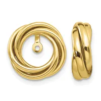 A pair of polished gold-colored twisted hoop earrings shown from front and side views, featuring a post and clutch closure.