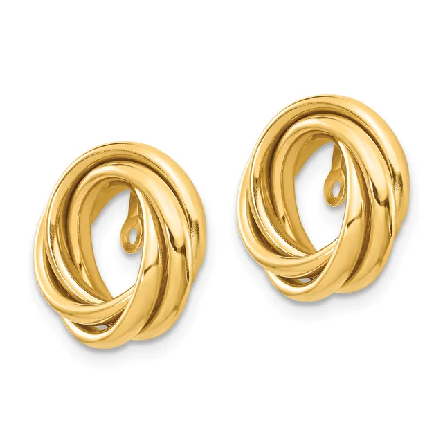 A pair of polished gold twisted hoop earrings with post and clutch backs, displayed against a white background.