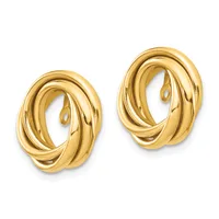 A pair of polished gold twisted hoop earrings with post and clutch backs, displayed against a white background.