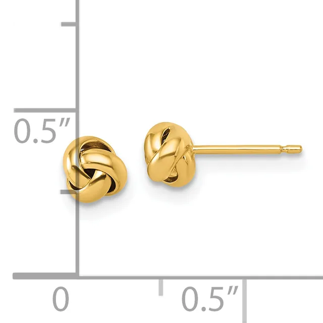 Pair of small gold twisted knot stud earrings shown next to a ruler indicating they measure approximately 0.5 inches in length.