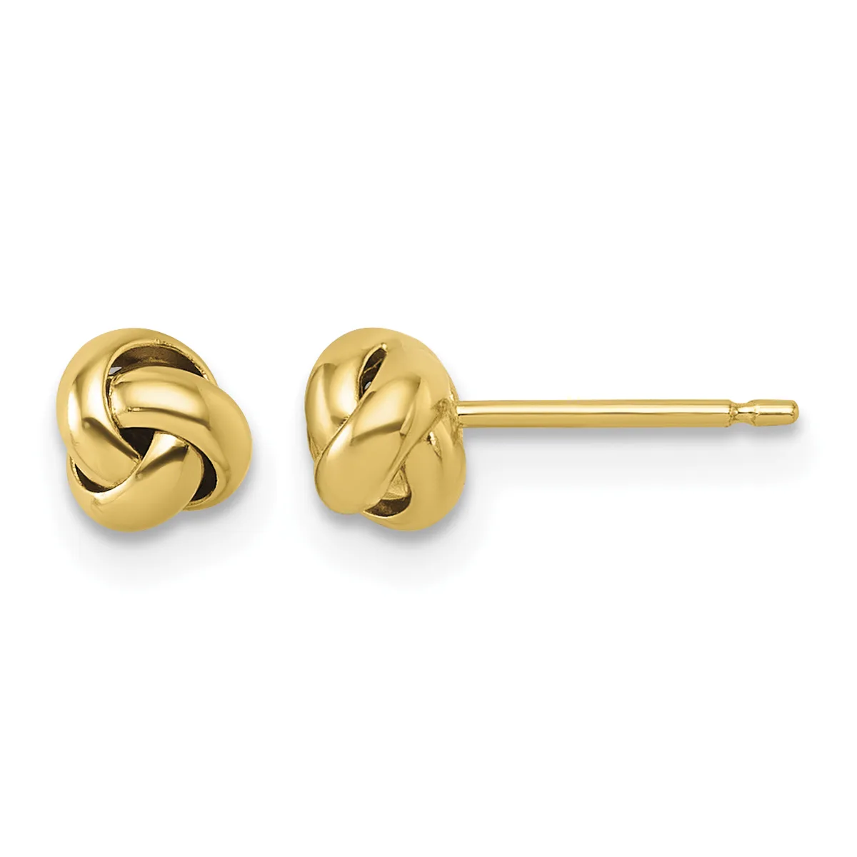 A pair of polished gold knot stud earrings with post and butterfly back closures, shown from front and side views.